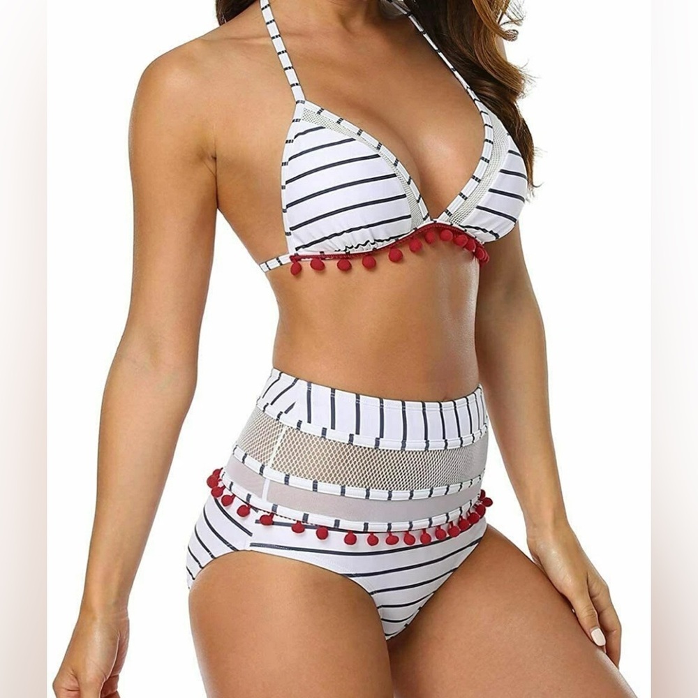 High Waist Two Piece Bikini Swimsuit Tassel Trim Triangle White/Navy/Pink Small